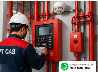 Ilustrasi teknisi memeriksa panel fire alarm